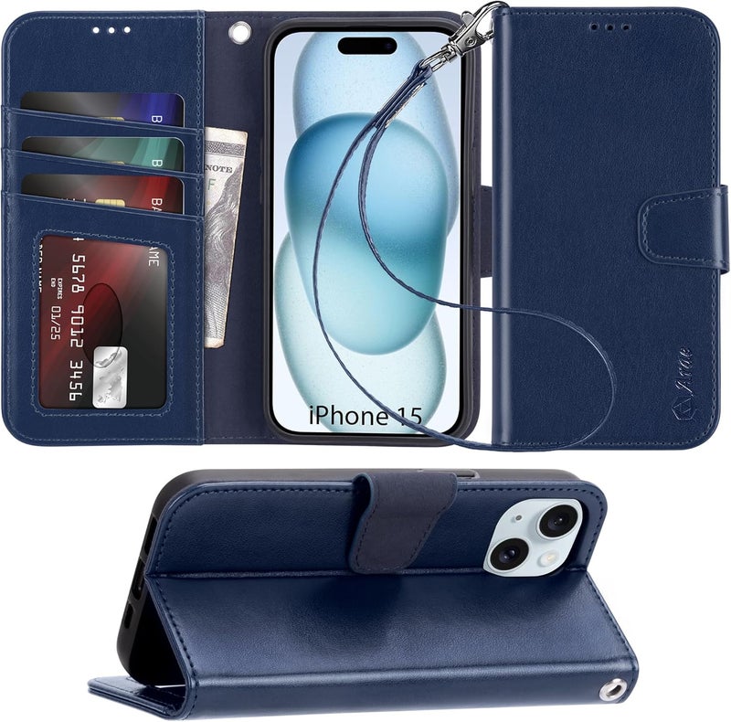 Arae Compatible with iPhone 15 Case with Card Holder and Wrist Strap Wallet Flip Cover for iPhone 15 6.1 inch,Blue - Image 1